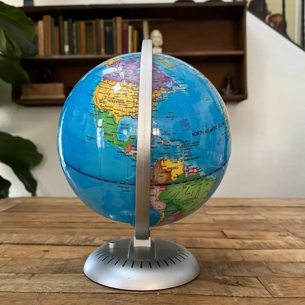 Light Up World Globe 9 in Silver Plastic Base Battery Operated